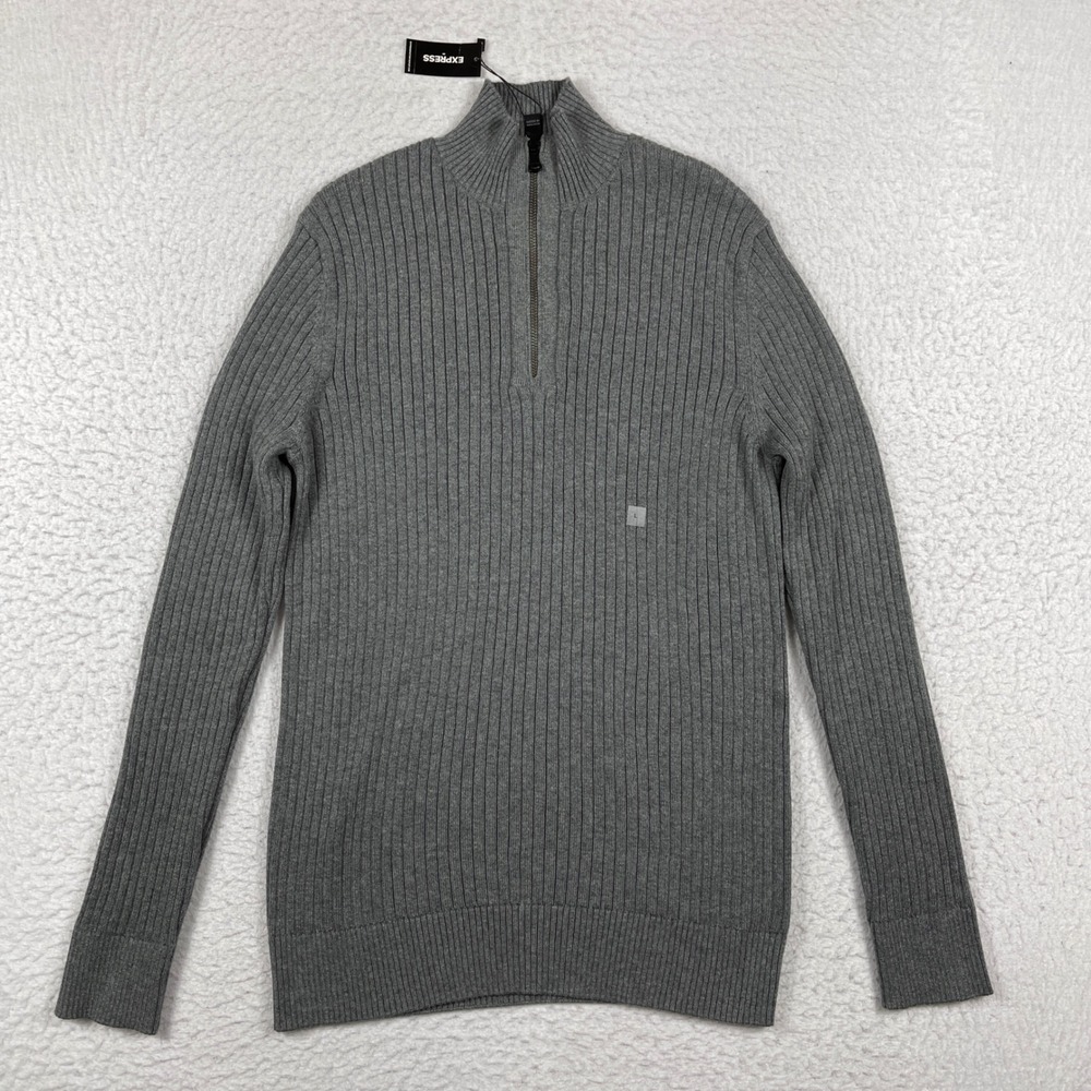 Express Quarter Zip Sweater Mens Large Gray Ribbed Cotton Pullover Mock Neck NWT